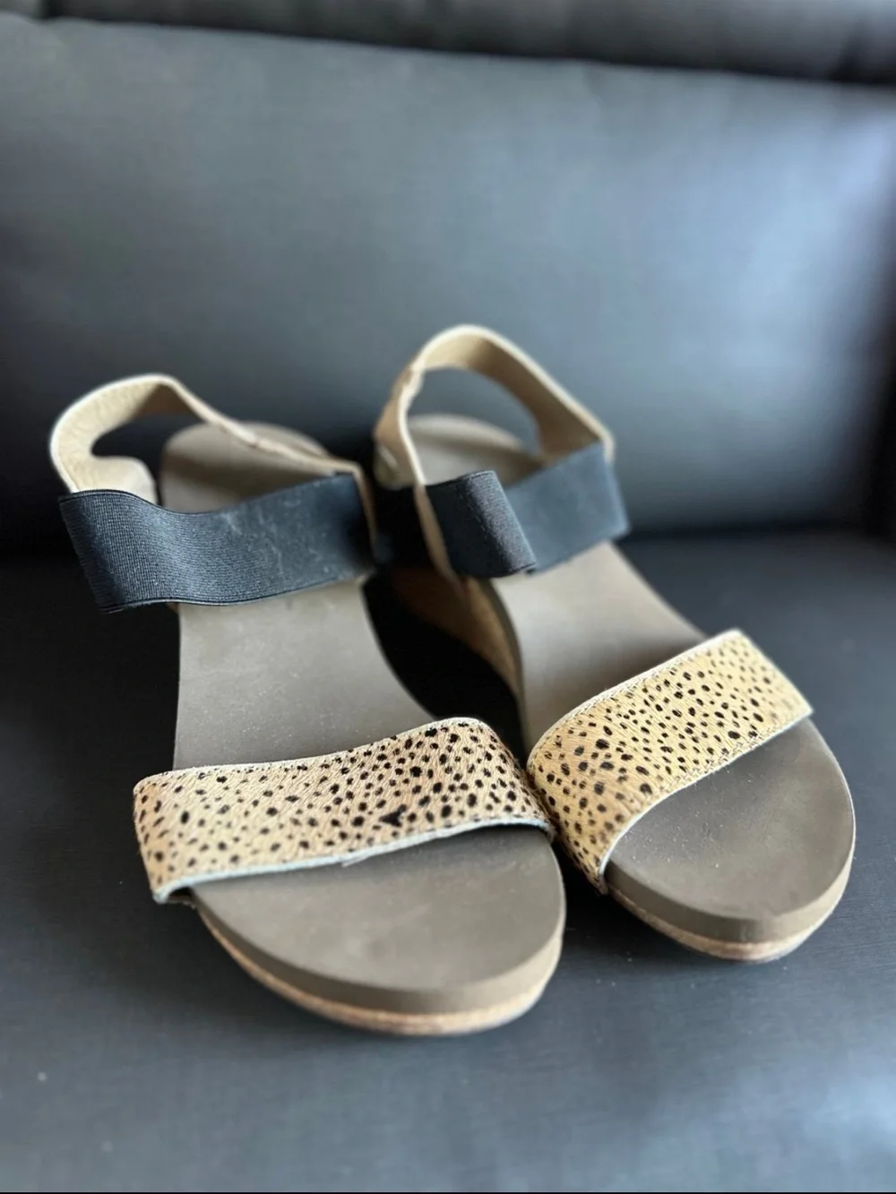 Corkys Women's Wedge Sandals in Black and Tan Spotted